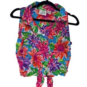 Sassoon Vintage Floral Tie Front Crop Top Womens Medium Multi Rayon Cotton